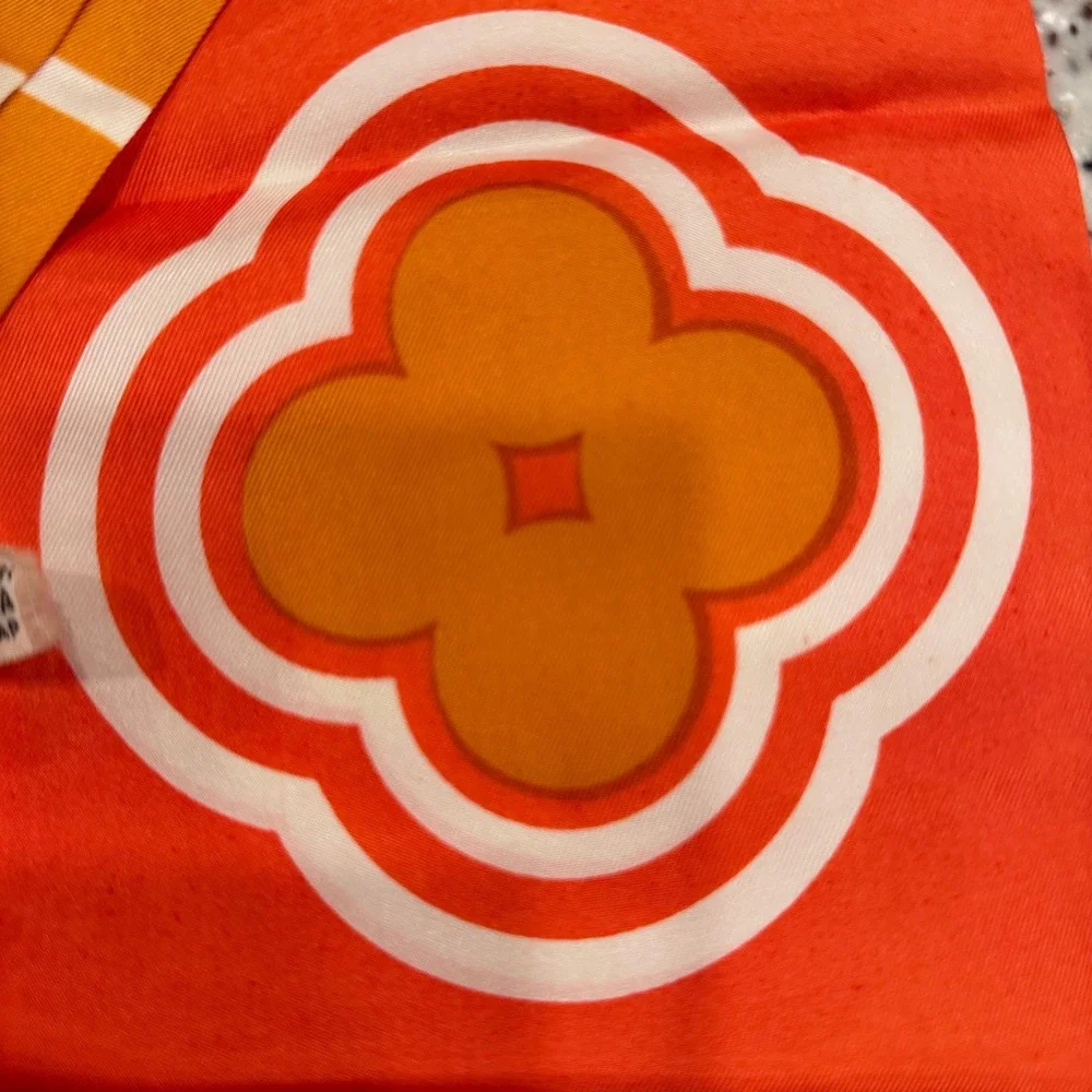 Vintage Japanese Obi Orange‎ Stripe Acetate Scarf with Floral Medallion 70x5.5